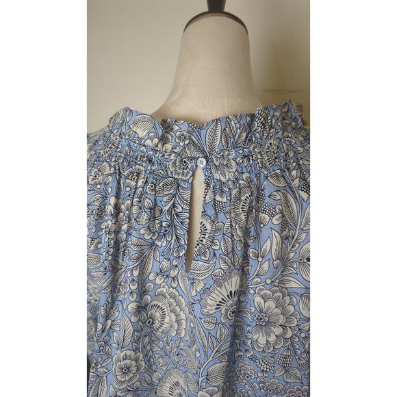 Blue Floral Smocked Neck Peasant Blouse  Boho Cottagecore Long Sleeve Top - Picture 6 of 8